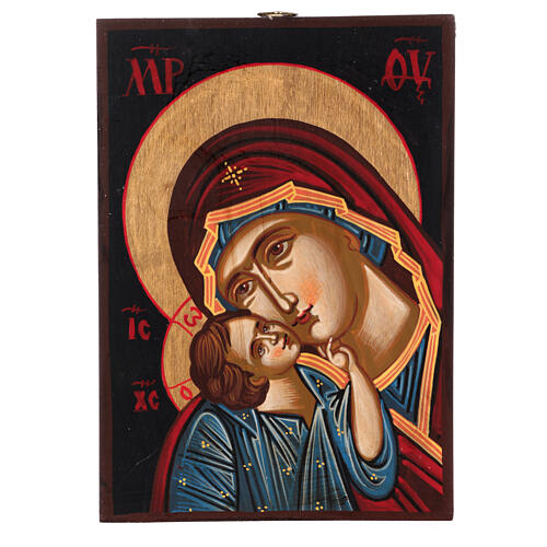 Icône Mère de Dieu Yaroslav Enfant tunique bleue fond or peinte Roumanie 14x18 cm 1