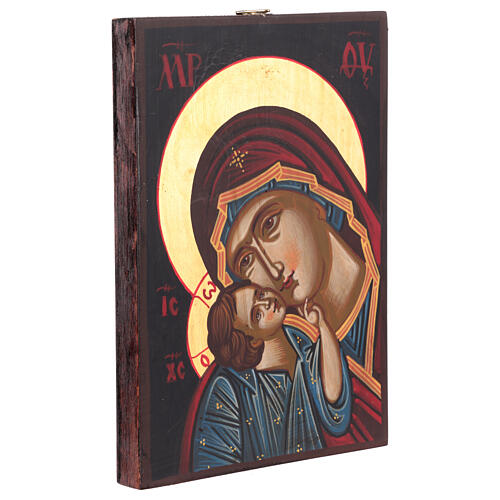 Icône Mère de Dieu Yaroslav Enfant tunique bleue fond or peinte Roumanie 14x18 cm 2