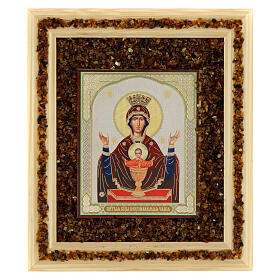 Icon of Our Lady of the Infinite Chalice with amber, Russia, 8x7 in