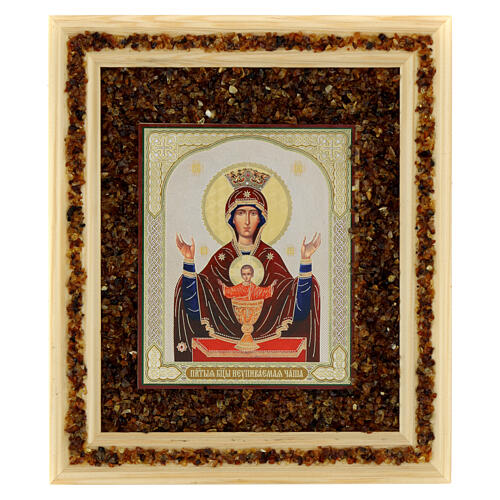 Icon of Our Lady of the Infinite Chalice with amber, Russia, 8x7 in 1