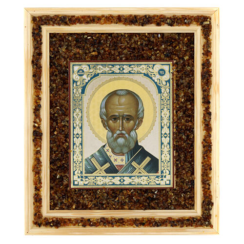 Icon Saint Nicholas bishop with amber 21X18 cm Russia 1