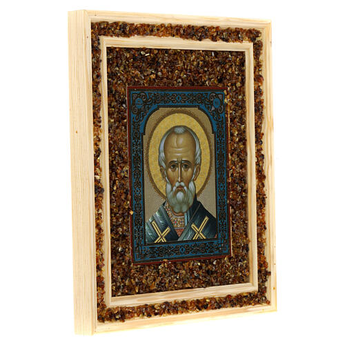 Icon Saint Nicholas bishop with amber 21X18 cm Russia 2