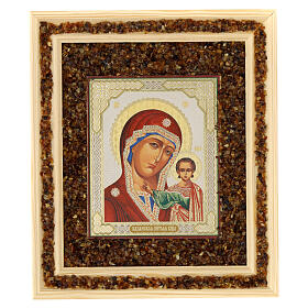 Ikone, Madonna von Kazanskaya, Holz und Bernstein, 21x18 cm