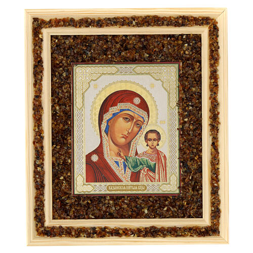 Ikone, Madonna von Kazanskaya, Holz und Bernstein, 21x18 cm 1