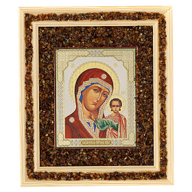 Icon of Our Lady of Kazan with amber, Russia, 8x7 in