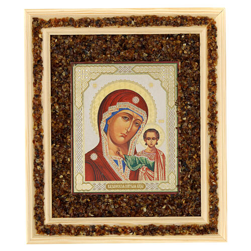 Icon of Our Lady of Kazan with amber, Russia, 8x7 in 1