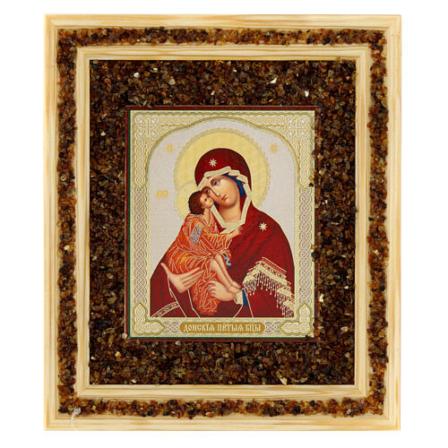Icono de madera y ámbar Virgen de Donskaya 21X18 cm Rusia 1