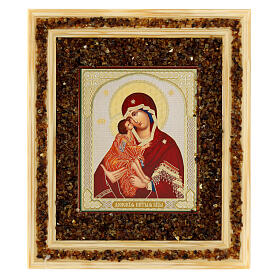 Wooden and amber icon Our Lady of Donskaya 21X18 cm Russia