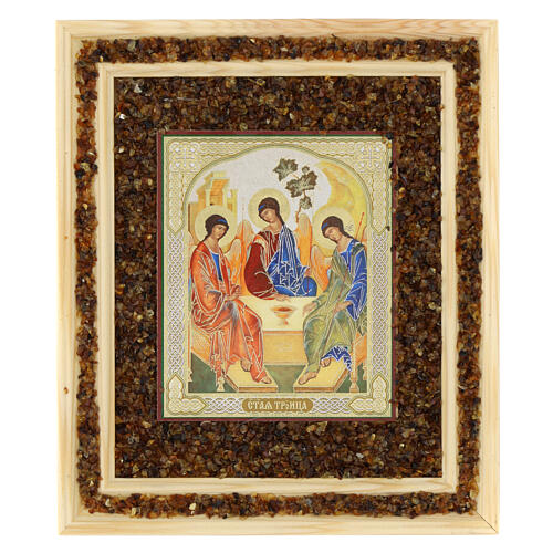 Trinity icon SS picture in wood and amber 21X18 cm Russia 1
