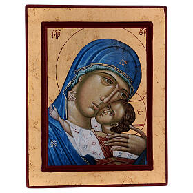 Griechische Ikone im Siebdruck aus Holz mit Gesicht der Zärtlichkeit-Madonna mit dem Jesuskind, 24 x 18 cm