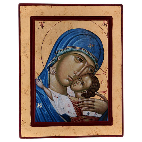 Griechische Ikone im Siebdruck aus Holz mit Gesicht der Zärtlichkeit-Madonna mit dem Jesuskind, 24 x 18 cm 1