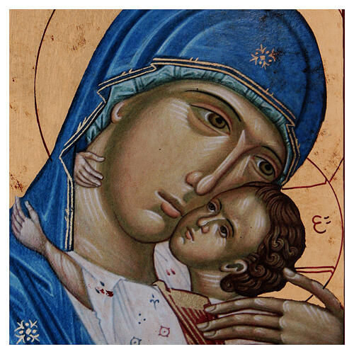 Griechische Ikone im Siebdruck aus Holz mit Gesicht der Zärtlichkeit-Madonna mit dem Jesuskind, 24 x 18 cm 2