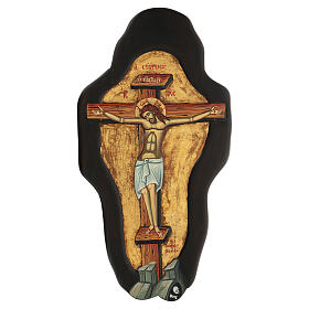 Griechische reliefartige bemalte Ikone mit Darstellung aus Blattgold der Kreuzigung von Christus, 65 x 35 cm
