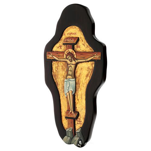 Griechische reliefartige bemalte Ikone mit Darstellung aus Blattgold der Kreuzigung von Christus, 65 x 35 cm 4