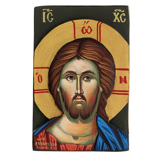 Griechische Christus-Ikone mit handbemaltem Flachrelief aus Holz, 14 x 10 cm 1
