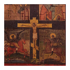 Crucifixion and four scenes, Greek silk screen icon with antique effect, 30x20 cm