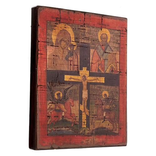 Crucifixion and four scenes, Greek silk screen icon with antique effect, 30x20 cm 3