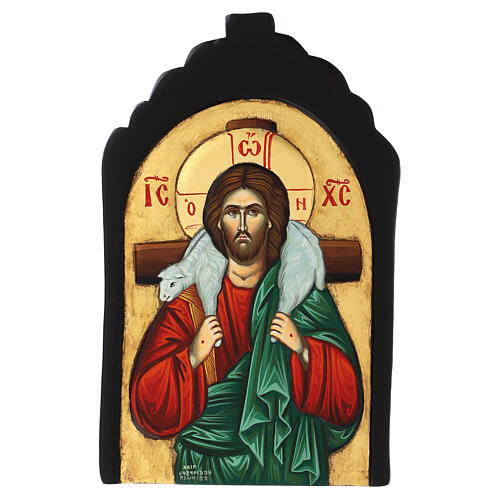 Icona greca dipinta mano Cristo Buon Pastore bassorilievo 40X30 cm 1