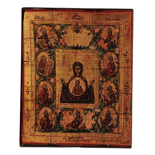 Griechische antikisierte Siebdruck-Ikone der Madonna des Zeichens mit Heiligen, 18 x 14 cm 1