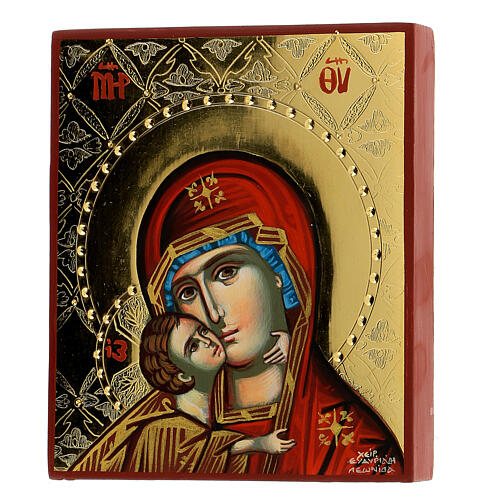 Griechische bemalte Ikone der Madonna mit Christus und rotem Mantel mit Gold-Ziselierung (24 Karat), 14 x 10 cm 3