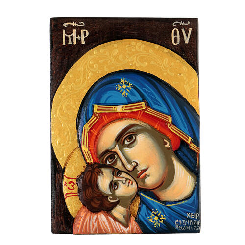 Greek hand-painted icon of the Theotokos, blue veil and gold leaf, embossed characters, 14x10 cm 1