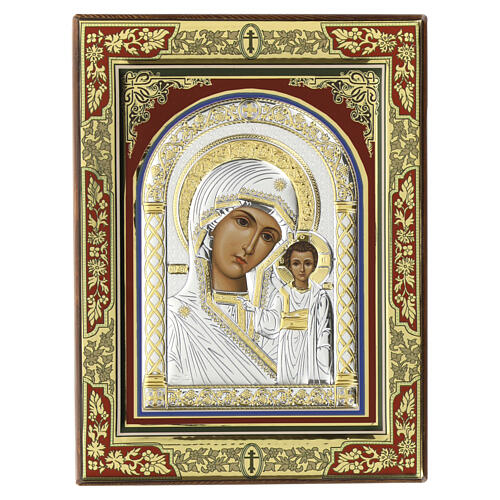 Icon of Our Lady of Kazan with silver riza, 10x7 in, Greece 1