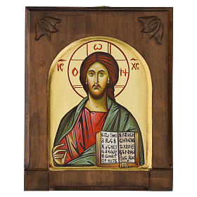 Ícone Cristo Pantocrator verde em madeira entalhada Grécia 20x18 cm