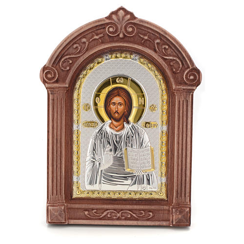 Ikone Christus mit Rahmen aus Holz Siebdruck Silber 1