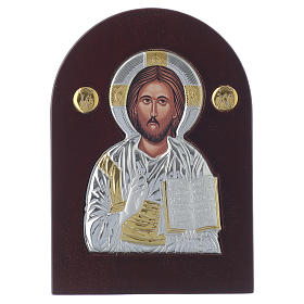 Icone argento e oro con riza: Icona Cristo Pantocratore 14x10 cm argento 925 finiture dorate