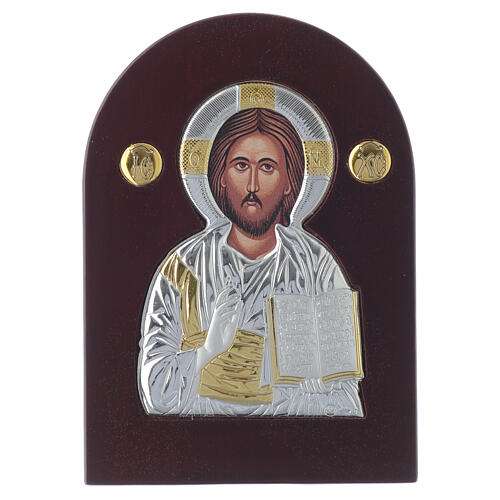 Ícone Cristo Pantocrator 14x10 cm prata 925 detalhes dourados 1