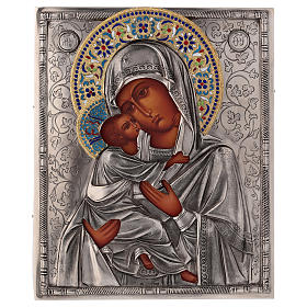 Ícone esmaltado Nossa Senhora de Vladimir pintada com riza em prata 26x21,5 cm Polónia