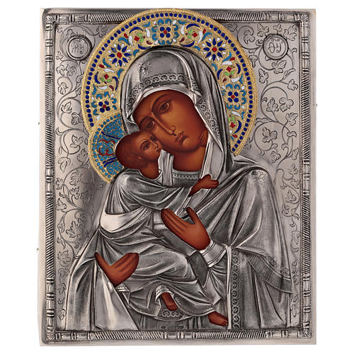Ícone esmaltado Nossa Senhora de Vladimir pintada com riza em prata 26x21,5 cm Polónia 1
