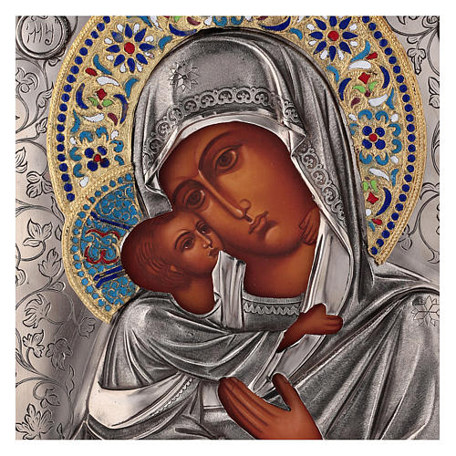 Ícone esmaltado Nossa Senhora de Vladimir pintada com riza em prata 26x21,5 cm Polónia 2