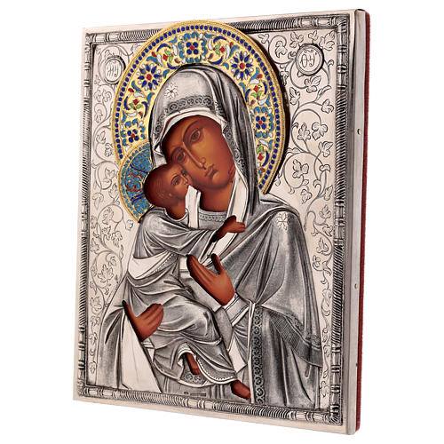 Ícone esmaltado Nossa Senhora de Vladimir pintada com riza em prata 26x21,5 cm Polónia 3