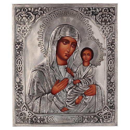 Ícone Nossa Senhora de Tychvin pintada com riza em prata 31x26,5 cm Polónia 1