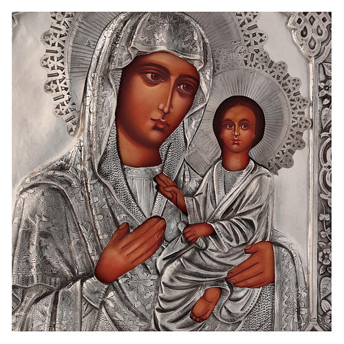 Ícone Nossa Senhora de Tychvin pintada com riza em prata 31x26,5 cm Polónia 2