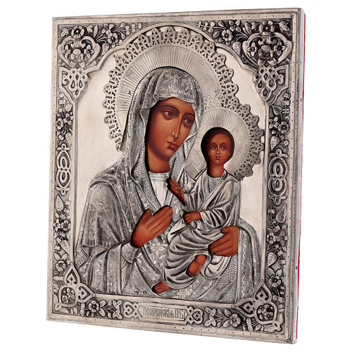 Ícone Nossa Senhora de Tychvin pintada com riza em prata 31x26,5 cm Polónia 3