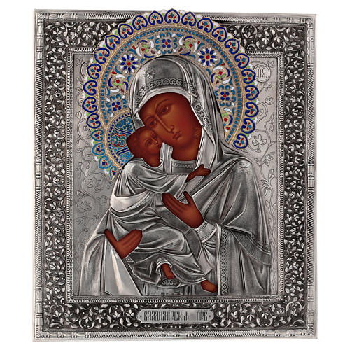 Ikone, Muttergottes von Wladimir, gemalt, Riza, filigran emailliert, 30x25 cm, Polen 1