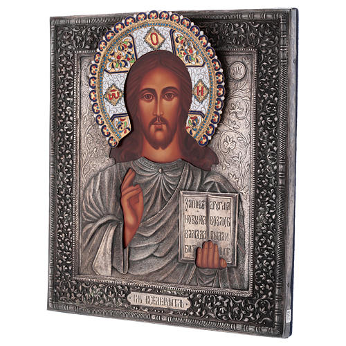 Ikone, Christus mit offenem Buch, handgemalt, Riza, filigran emailliert, 30x25 cm, Polen 3