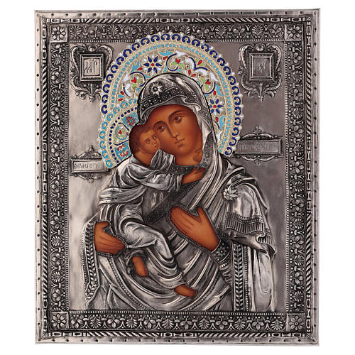 Ikone, Muttergottes von Wladimir, handgemalt, Riza, filigran emailliert, 24x18 cm, Polen 1