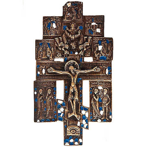 Icona bronzo antico '700 "Crocifissione con feste" Russia 1