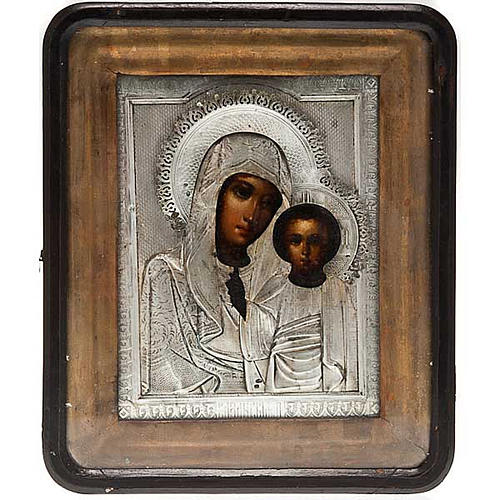Icona antica "Madre di Dio di Kazan" Russia cofanetto con vetro 1
