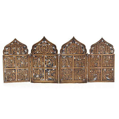Icona antica quadripartita da viaggio bronzo XIX secolo 1