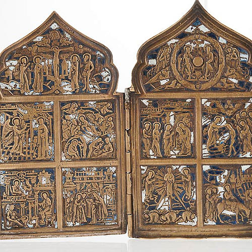 Icona antica quadripartita da viaggio bronzo XIX secolo 2