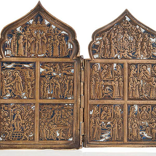 Icona antica quadripartita da viaggio bronzo XIX secolo 3