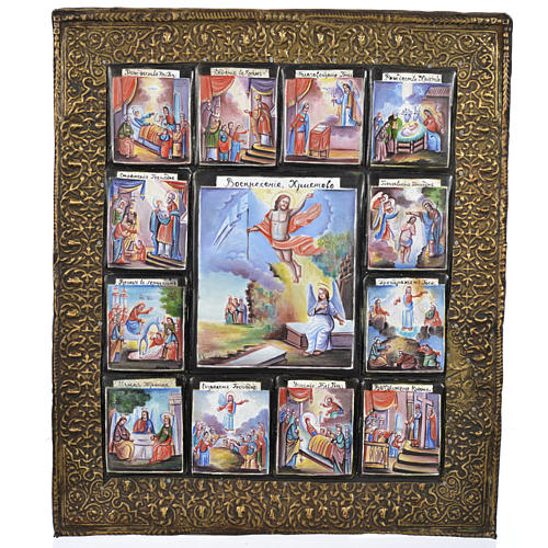 Antique Russian icon 12 Great Feasts with finfit enamel XX century 1