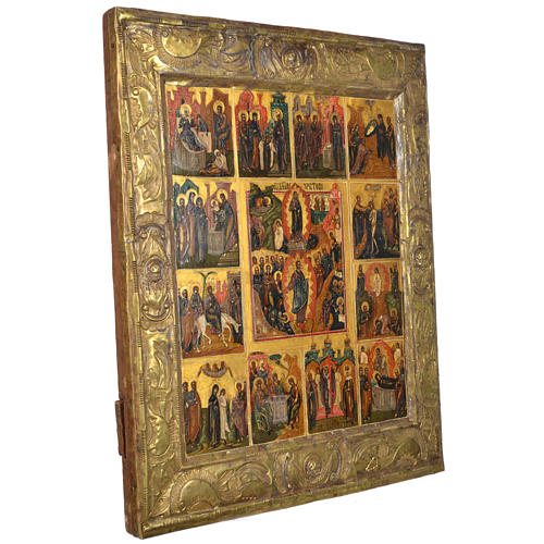 Antique Russian icon with Basma, 12 Great Feasts XIX century 2