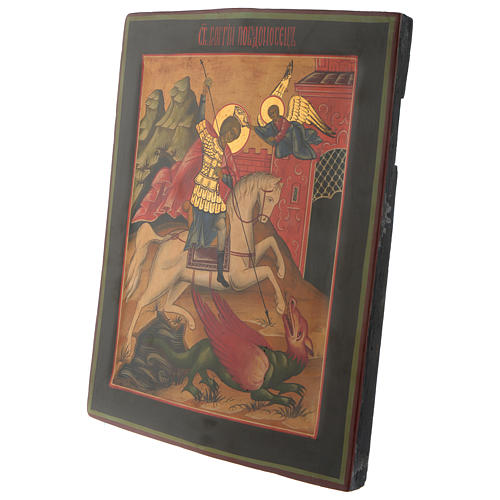 Icona antica russa San Giorgio che uccide il drago 30x25 cm epoca zarista 3