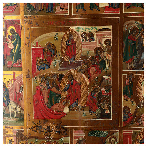 Ícone Antigo Russo Doze Festas e Ressurreição metade do século XIX, 52,5x44 cm 2