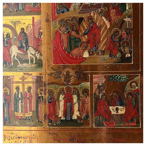 Ícone Antigo Russo Doze Festas e Ressurreição metade do século XIX, 52,5x44 cm 5